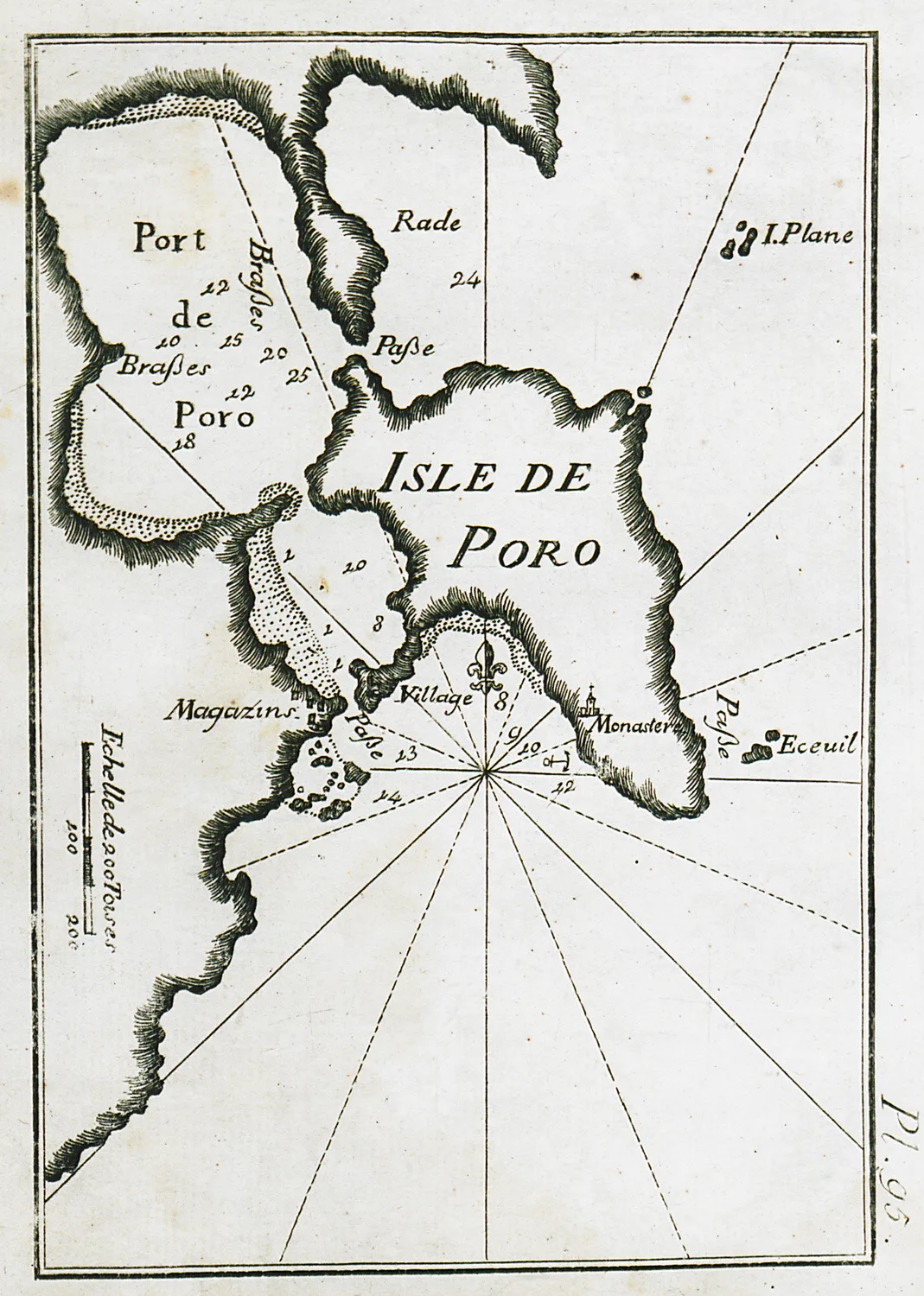 Isle de Poroの文字が記された1804年のフランスによるポロス島とその港の海図