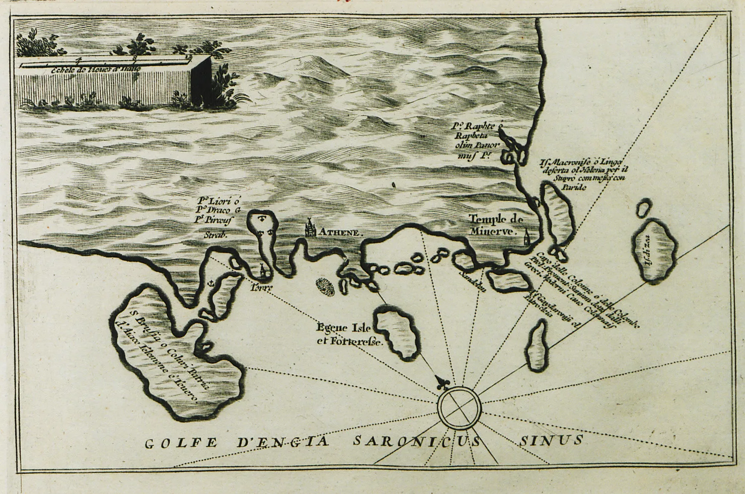 Um mapa gravado do golfo Sarónico de 1690, com Egina no meio do golfo e a Ática na costa