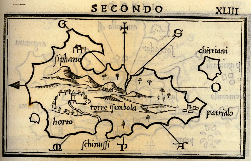 Eine Holzschnittkarte von Sifnos von 1547, mit der Insel, Bergen, Türmen und dem Wort Siphano