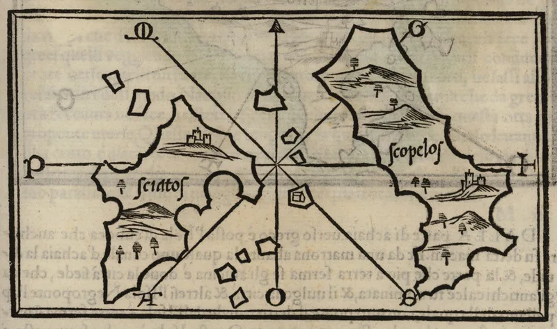 1547年的古老木刻地图，画着斯基亚索斯和斯科派洛斯，有山丘、城堡和罗盘玫瑰