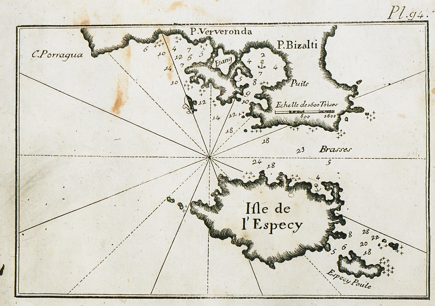 Γαλλικός ναυτικός χάρτης των Σπετσών του 1804, με το νησί, τα λιμάνια απέναντι και την επιγραφή Isle de l'Especy