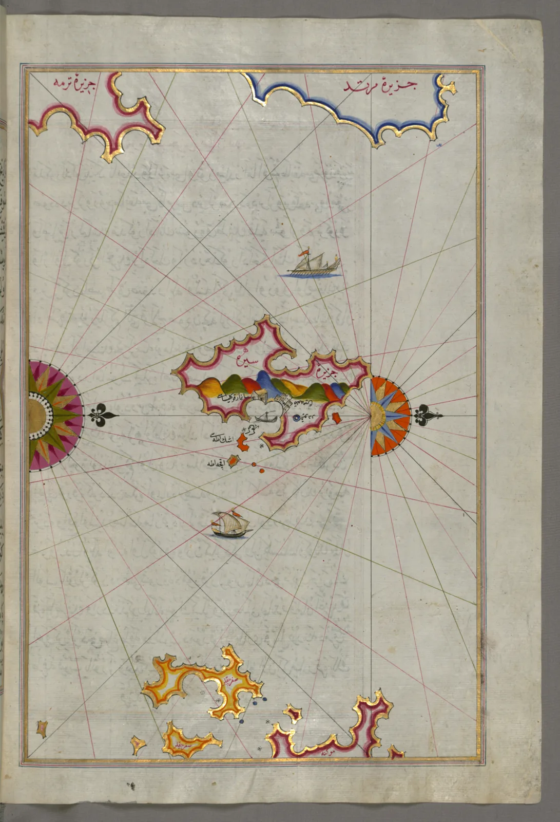 Une carte ottomane dessinée à la main de Syros, avec l’île en contour rouge, des collines, le port et des roses des vents