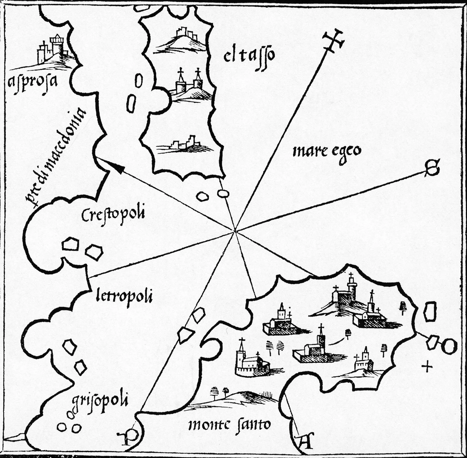 Стара карта, гравирана на дърво, от 1528 г. с Тасос, брега на Македония и роза на ветровете
