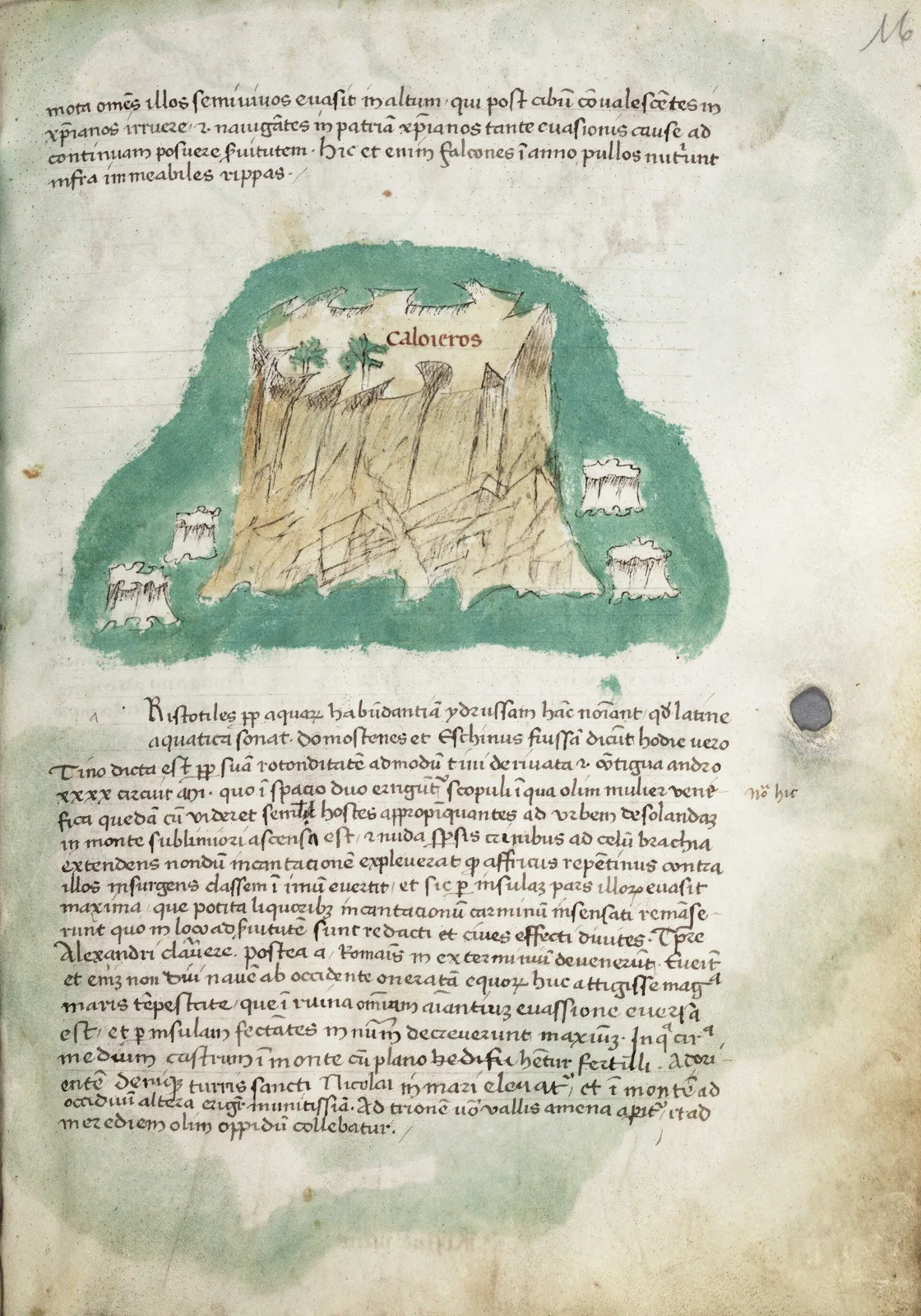 Um mapa desenhado à mão de Tinos de 1420, com a ilha num mar azul, um castelo ao centro, torres e árvores