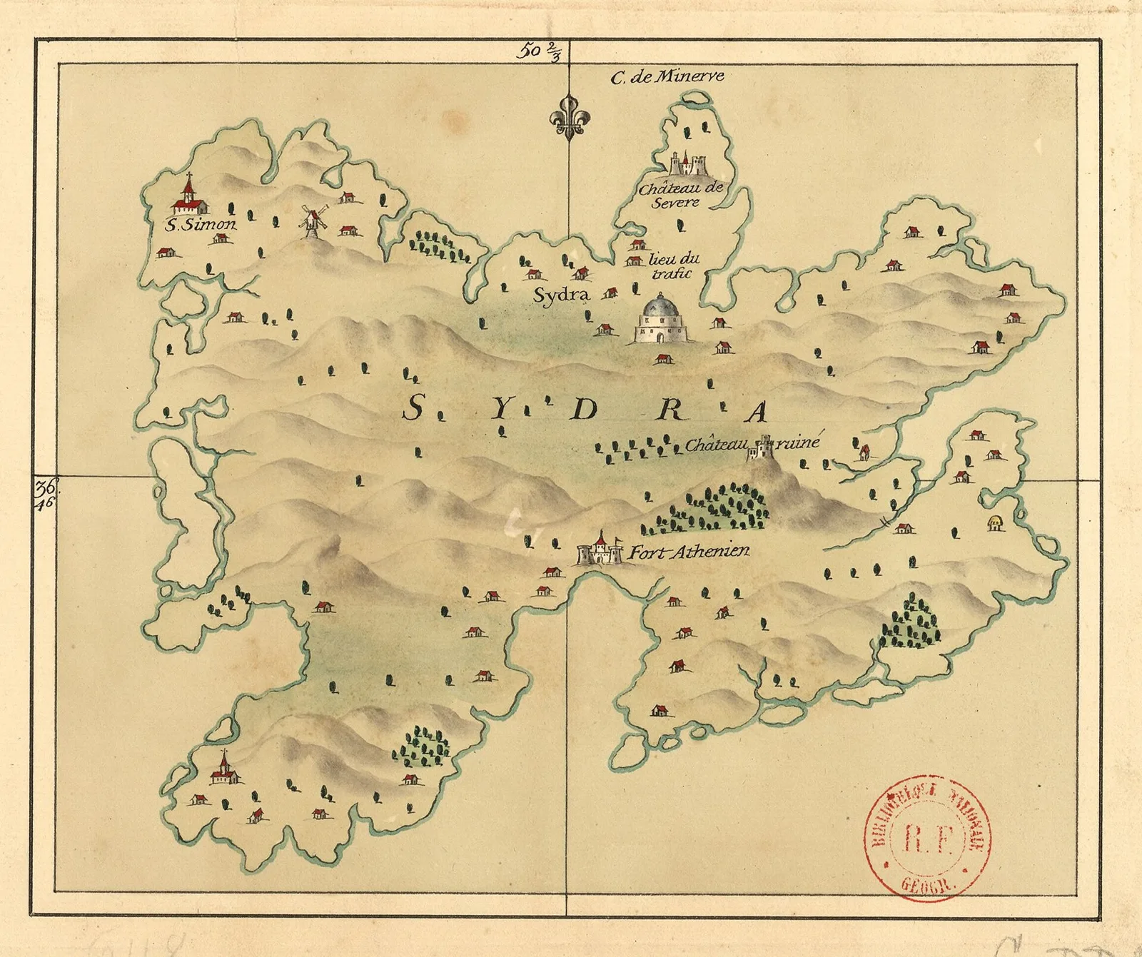 Une carte dessinée à la main d’Hydra avec le nom SYDRA, des montagnes, des églises et des arbres