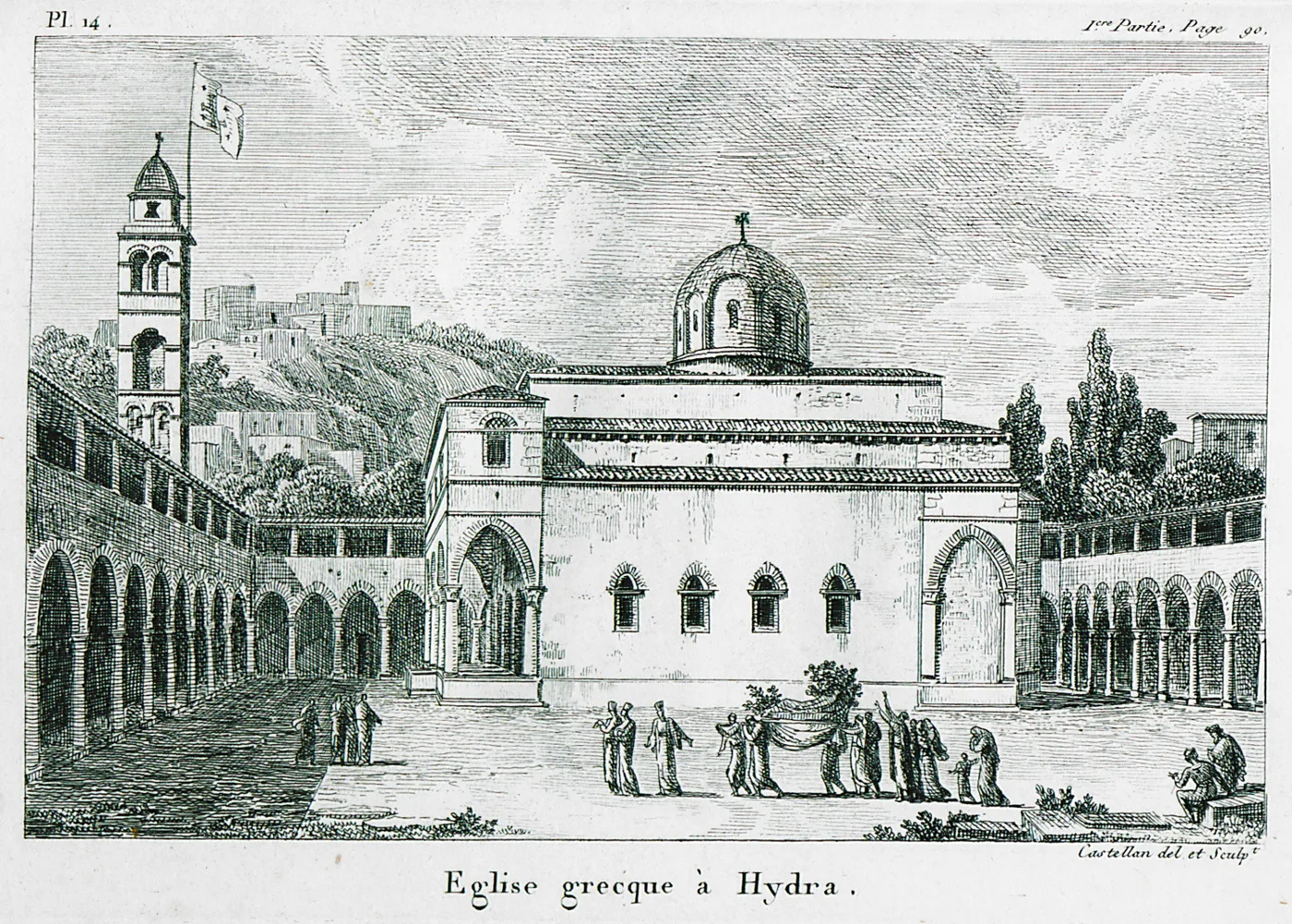 Une gravure de 1808 avec la cour et l’église du monastère sur le port d’Hydra