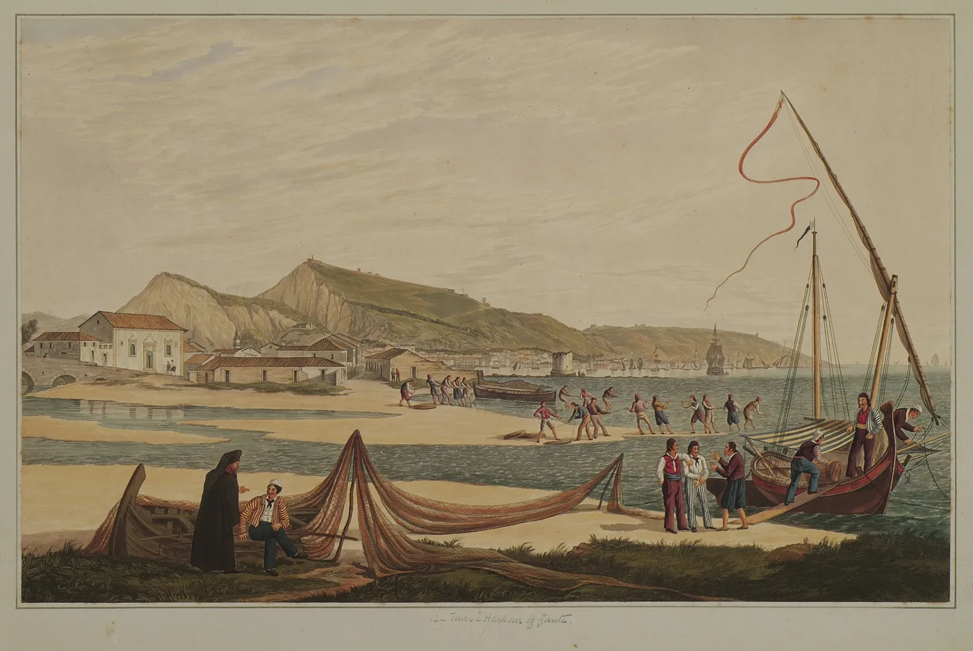 An 1821 painting of fishermen and boats on the shore in front of Zakynthos town