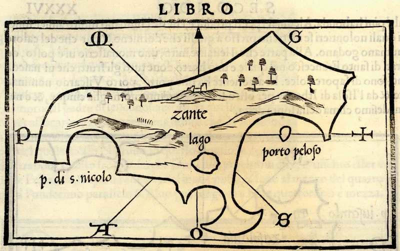An old woodcut map of Zakynthos from 1547, with the shape of the island, hills and names in Italian