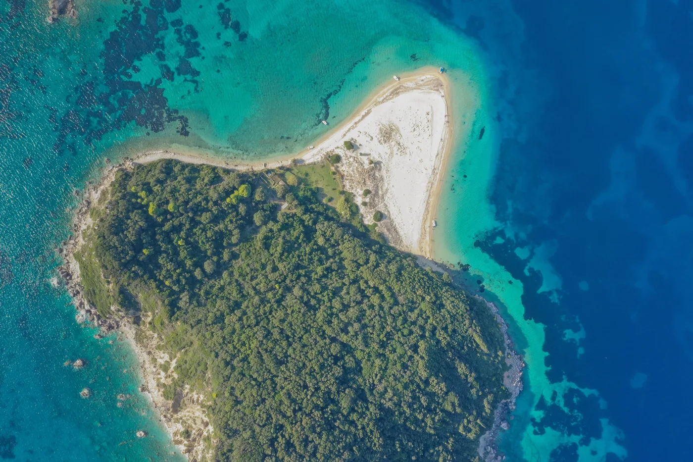 Marathonisi from above, with pines, a white sandy beach and turquoise water