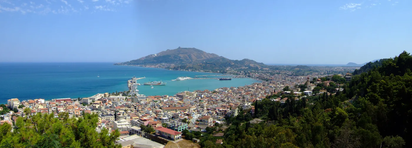 Zakynthos town and the harbour from Bochali, with the sea and Mount Skopos