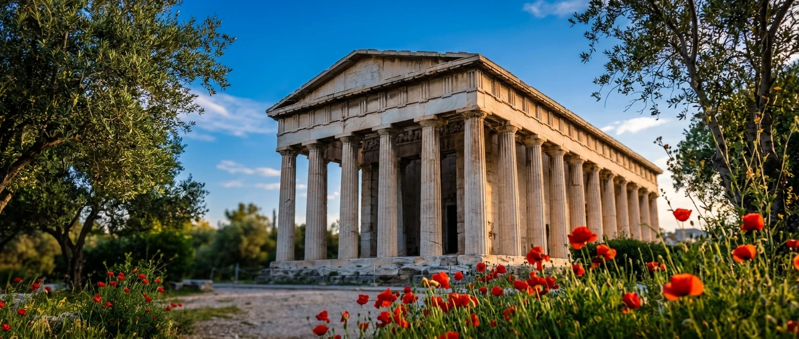 The Temple of Hephaestus standing intact in the Ancient Agora of Athens