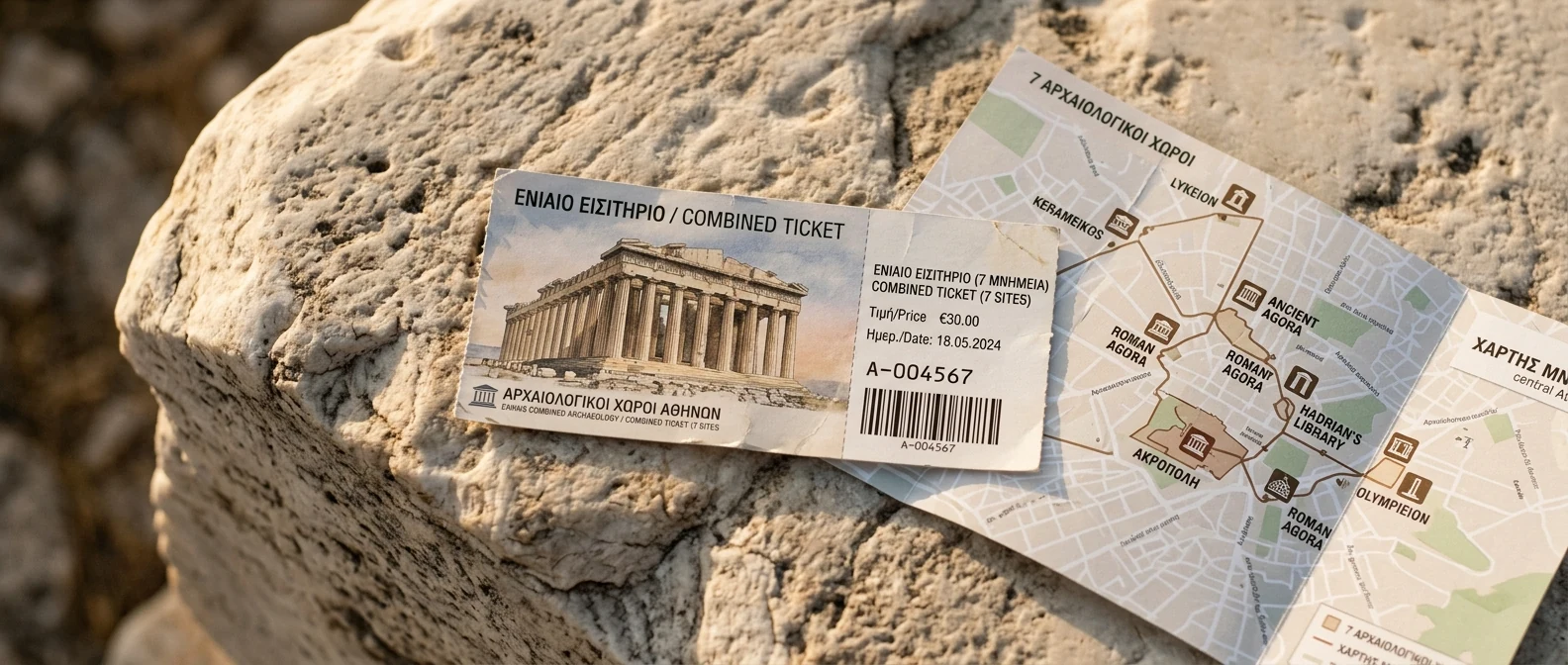 Ενιαίο εισιτήριο εισόδου σε αρχαιολογικούς χώρους της Αθήνας πάνω σε φθαρμένο μάρμαρο