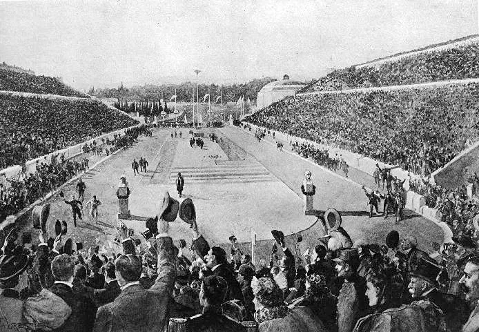 1896年马拉松终点，斯皮里宗·路易斯跑进帕那辛纳克体育场，观众全体起立