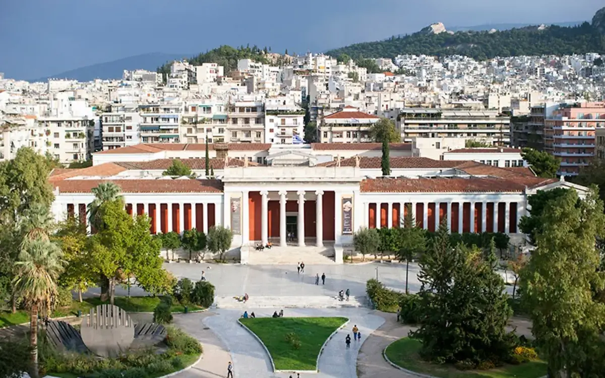 Aerial view of the National Archaeological Museum and its garden on Patission Street