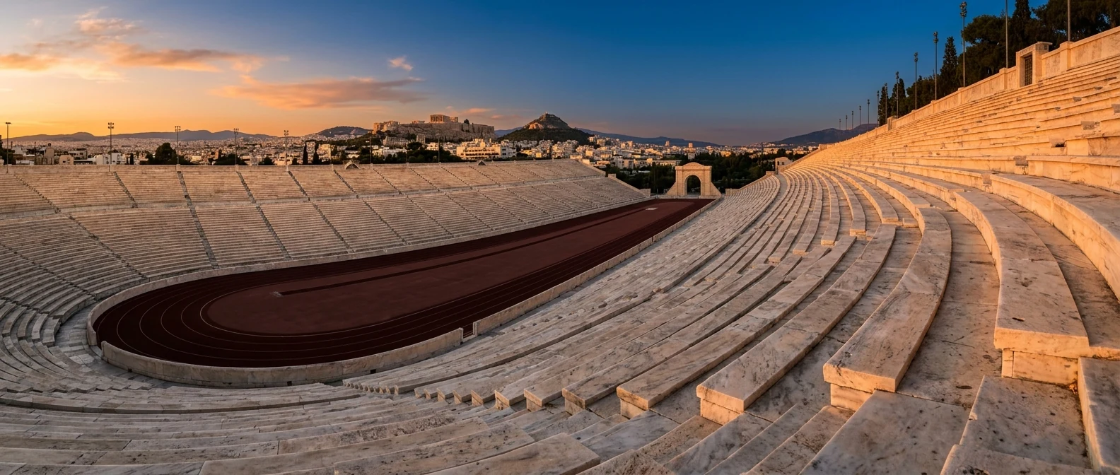 The Panathenaic Stadium of Athens seen from the upper marble seats at golden hour