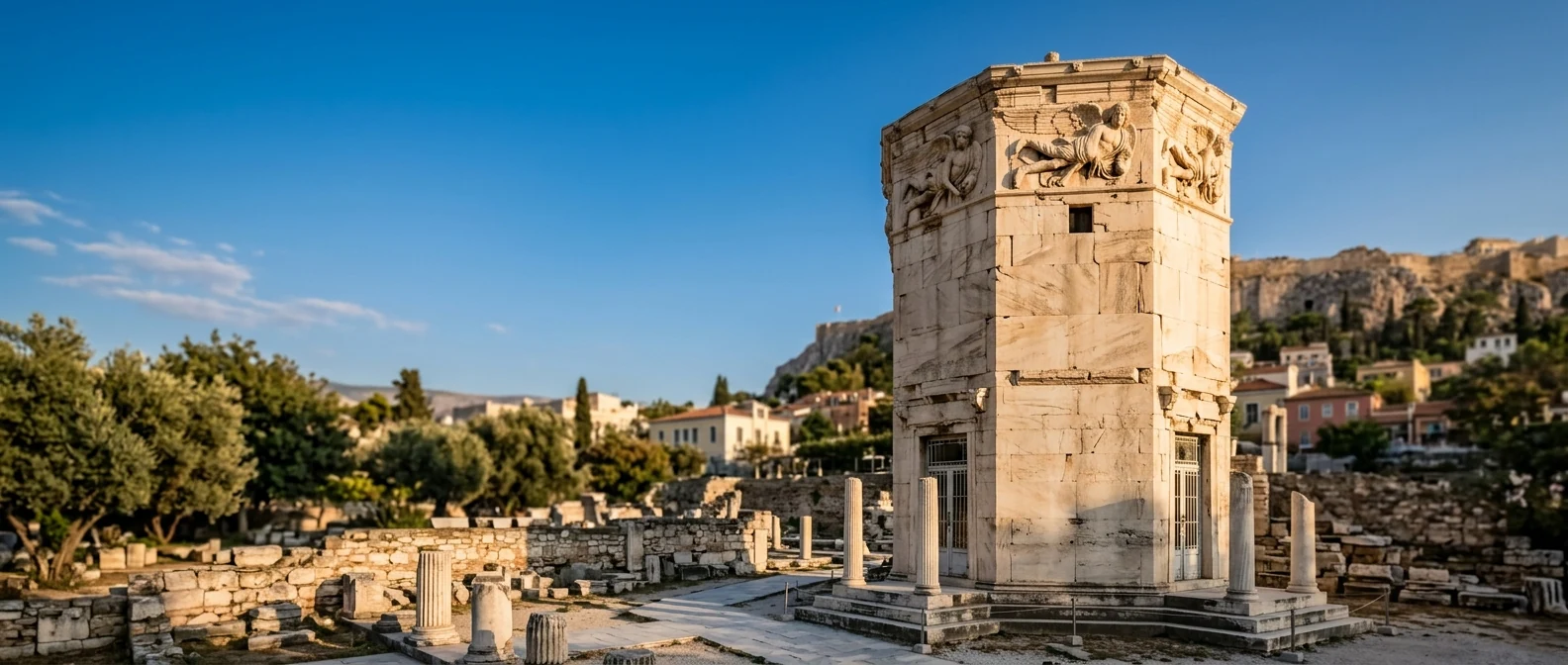 The octagonal Tower of the Winds in the Roman Agora of Athens