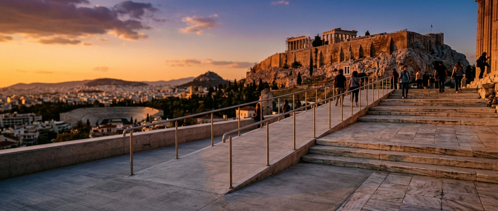A smooth accessible ramp leading toward the Acropolis at golden hour with marble paving