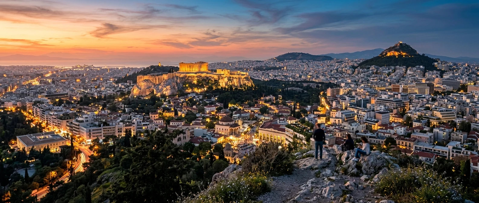 Central Athens at golden hour seen from a high vantage with the Acropolis and Lycabettus