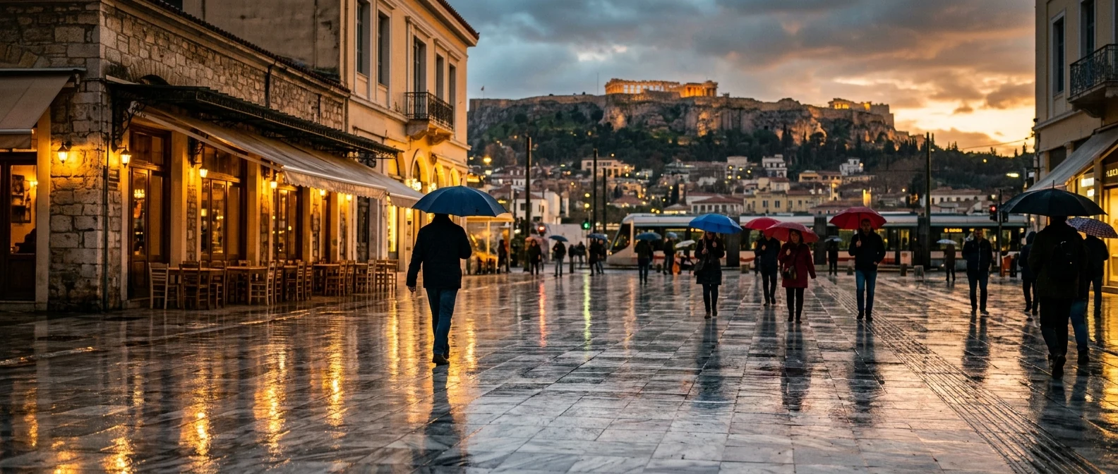 Central Athens in a soft rainstorm at golden hour with wet marble pavements gleaming