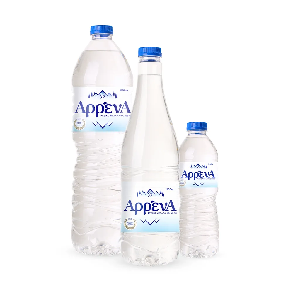 Τρία μεγέθη εμφιαλωμένου νερού: 1,5 L, 1 L και 0,5 L
